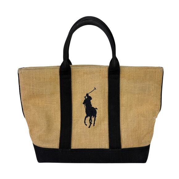 Ralph Lauren Vintage Straw Raffia Canvas Small Tote Black Tan 90s FLAWED - Picture 1 of 17